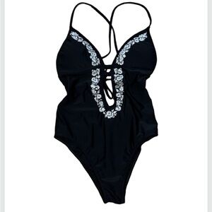 Abercrombie&Fitch Black Embroidered Strappy Back One Piece Swimsuit Size S